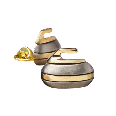 Curling Rock Brooch - Pewter with Gold Accents